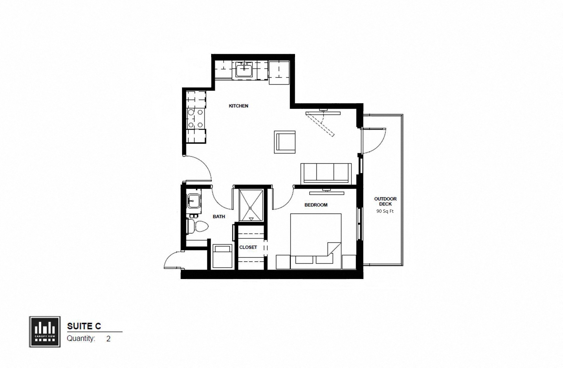 Floor plan for 1 bed, 1 bath, 505 sqft